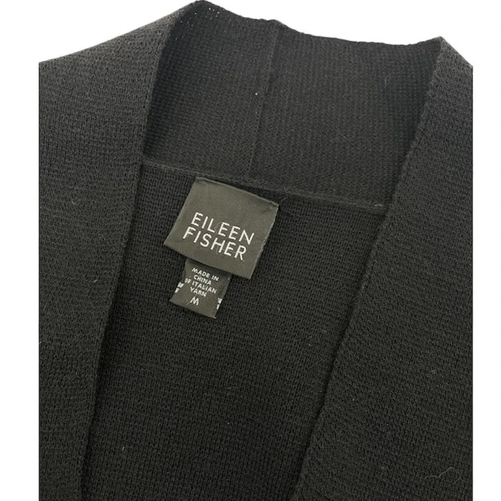 EILEEN FISHER Black 100% Wool Italian Yarn Rib Knit‎ Long Cardigan Sweater M